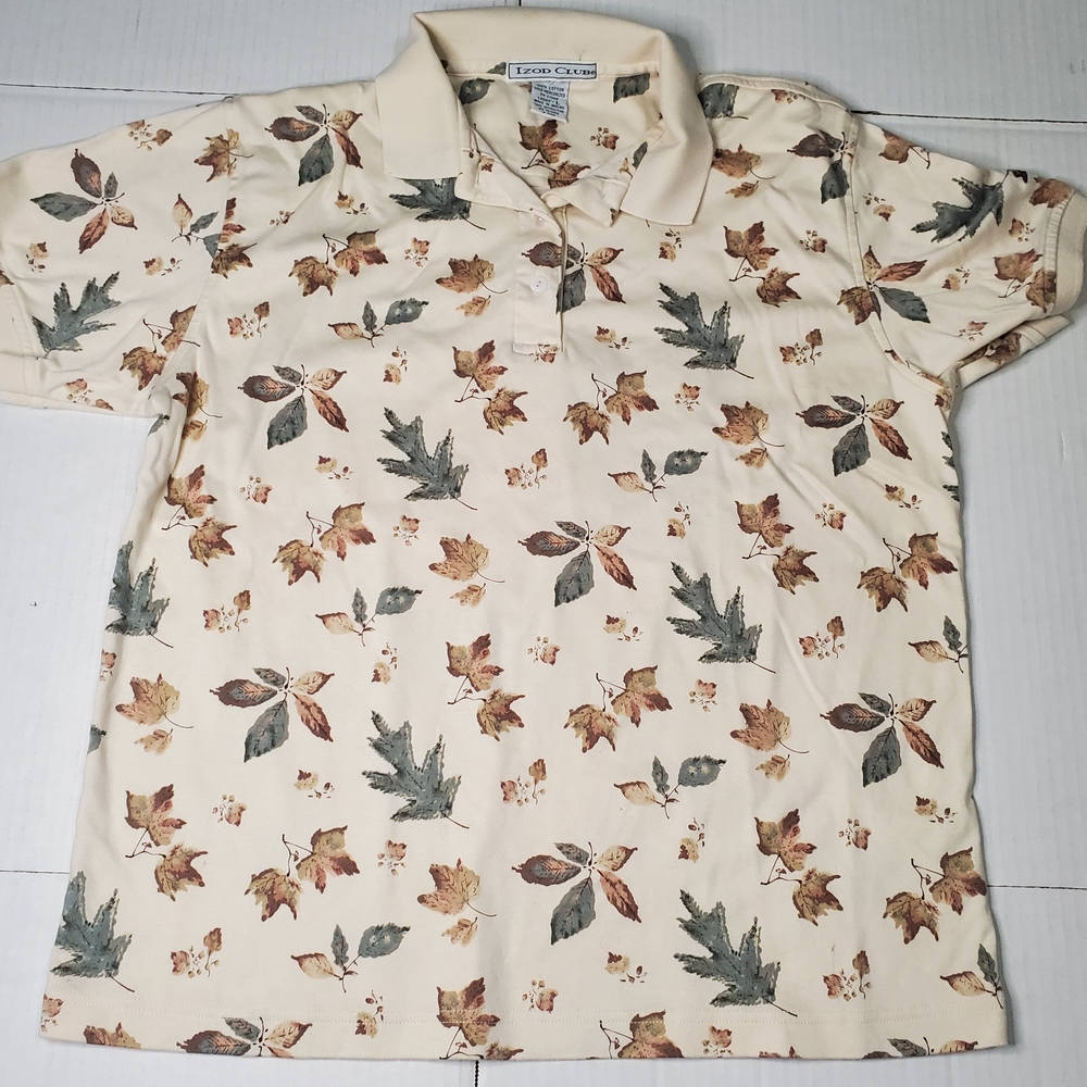 Izod Club Beige Leaf Print Polo Shirt- L